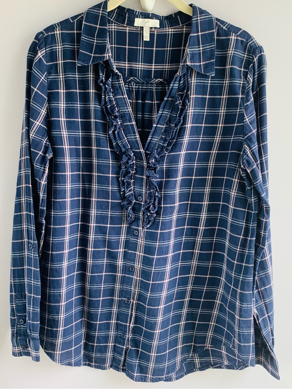 Joie 'Fara' Blouse Navy White Plaid Check Soft Cotton Preppy Casual EUC Small